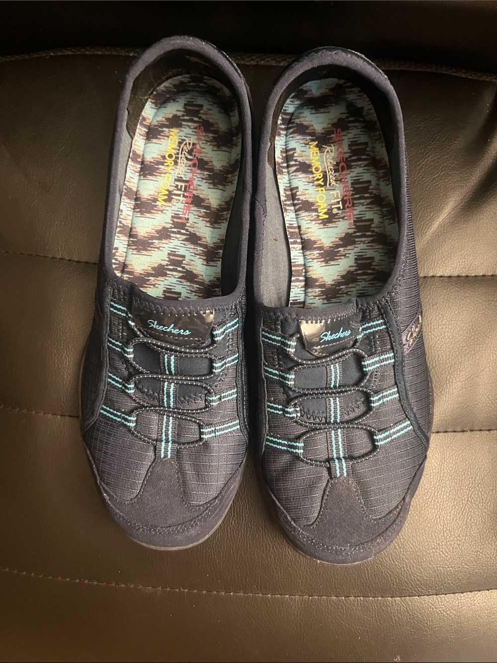Skechers Navy Slip-On Sneakers with Teal Stitching